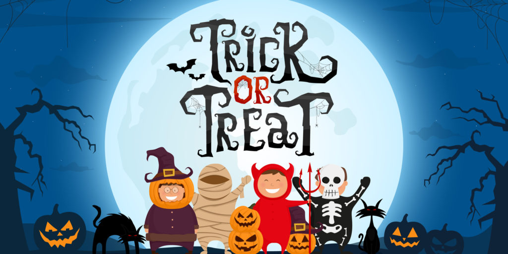 Cartoon graphic of trick-or-treaters